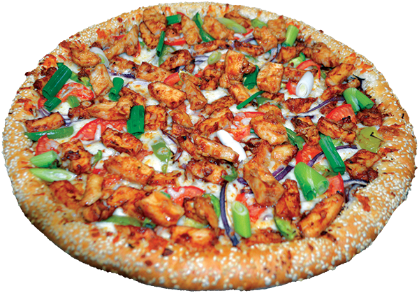 BBQ sauce, chicken strips, red and green onions, fresh tomatoes & green peppers