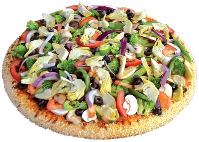 Fresh mushrooms, fresh tomatoes, green peppers, black olives, red onions, zucchini, artichoke hearts, broccoli, and Italian seasoning